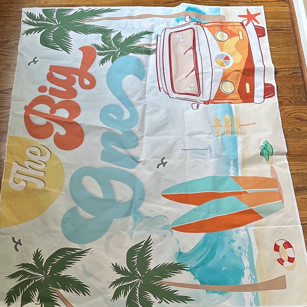 Colorful Beach themed the big one sign with Surf and Van Design
